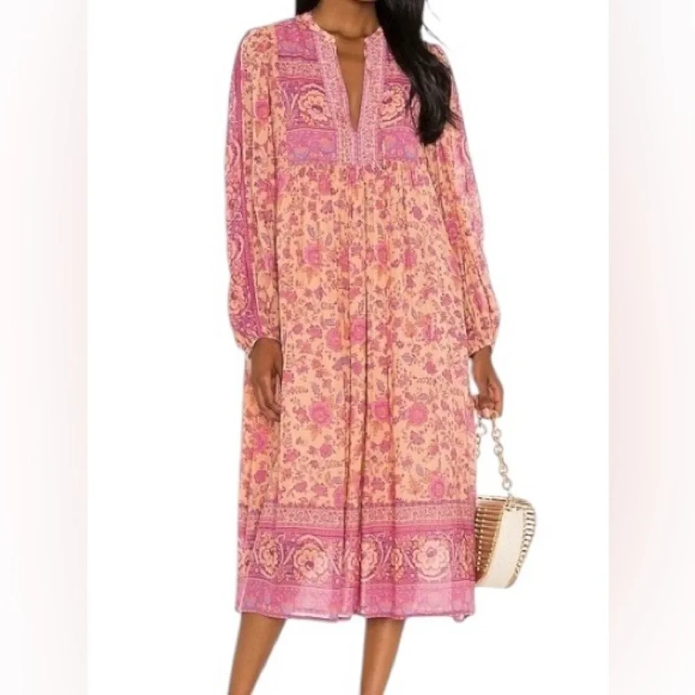 Spell & the Gypsy Folk Song Cotton Blend Blockprint Long Sleeve Tie Split Neck